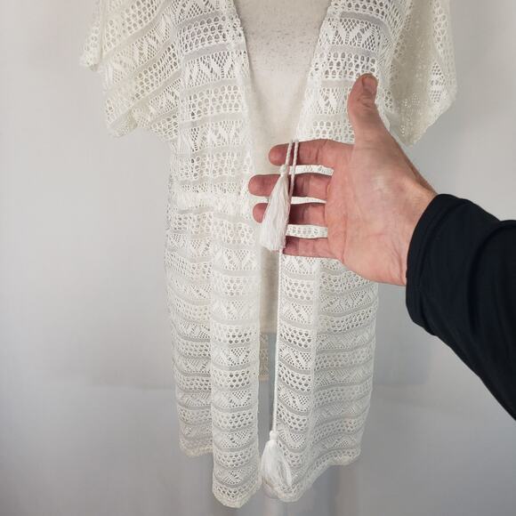 Alexa & Stella White Crochet Mesh Drawstring Waist Short Sleeve Swim Cover Up L - Picture 5 of 9